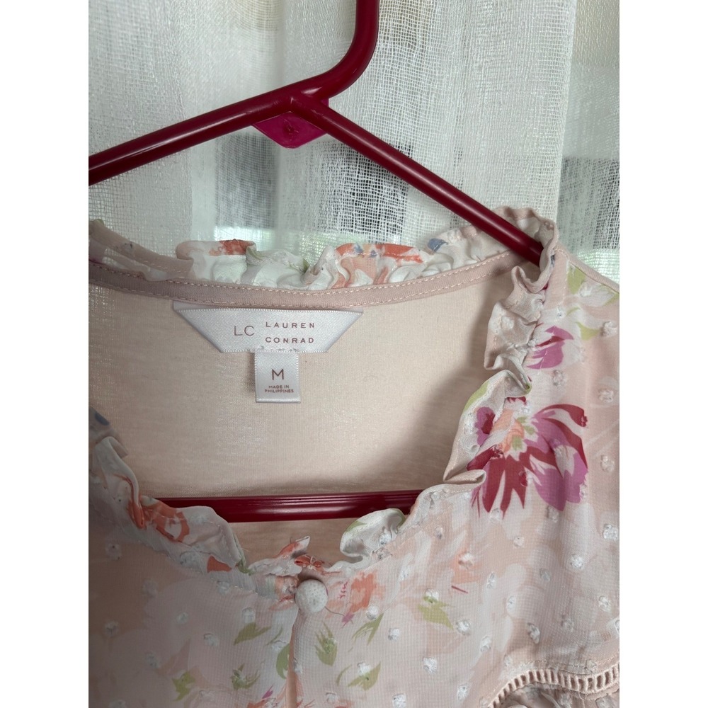 LC Lauren Conrad Peach Floral Swiss Dot Ruffle Sleeveless Blouse Medium - Picture 4 of 6
